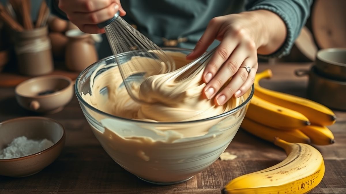 Mãos misturando os ingredientes da massa em uma tigela, mostrando a etapa principal do preparo.