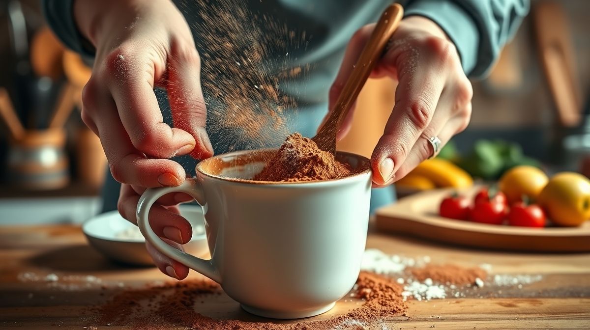Mãos misturando os ingredientes do bolo de caneca saudável sem açúcar em uma caneca