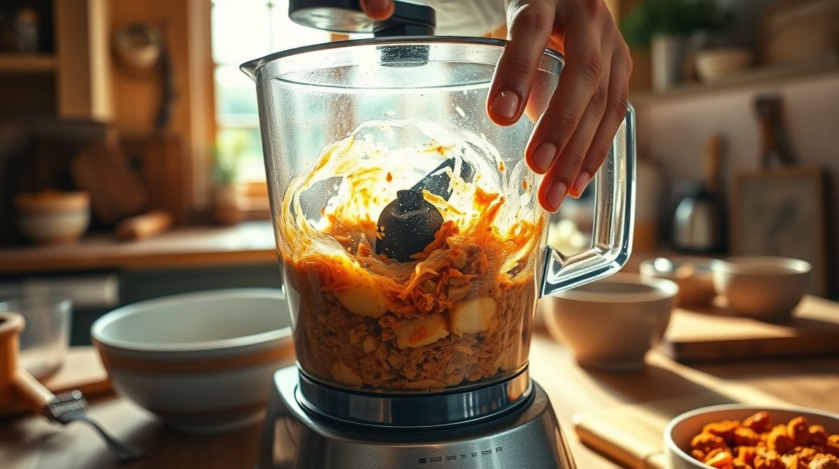 Mãos batendo os ingredientes no liquidificador durante o preparo da massa do bolo de cenoura fit