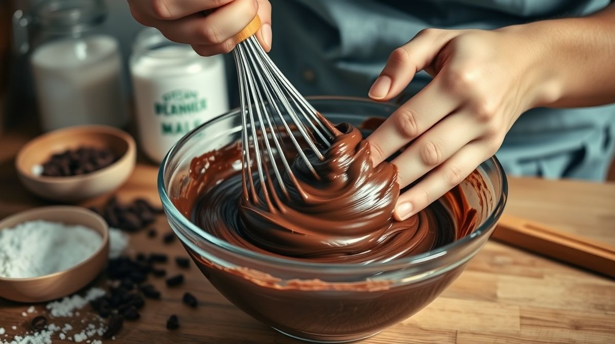 Mãos misturando a massa do bolo vegano sem glúten e sem açúcar em uma tigela