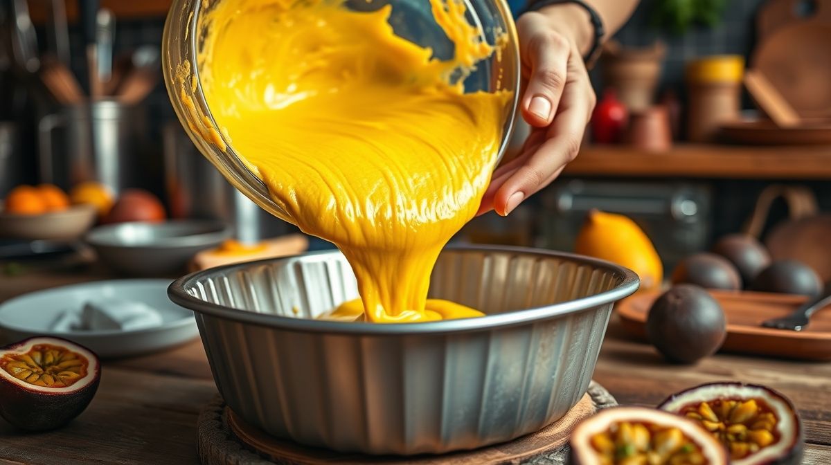 Mãos despejando a massa cremosa do bolo em uma forma preparada