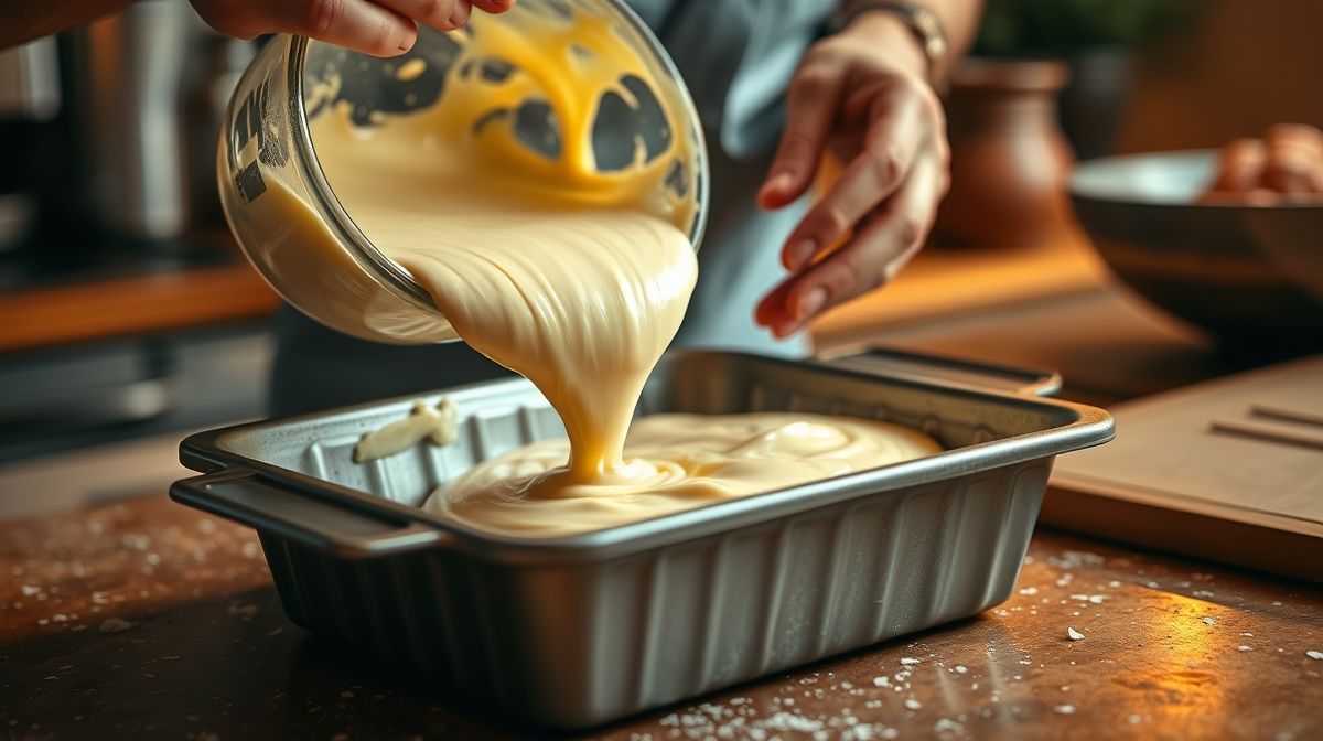 Mãos despejando massa cremosa de bolo de milho fit em forma untada antes de levar ao forno.