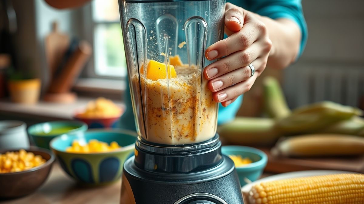 Mãos batendo os ingredientes do bolo de milho fit no liquidificador durante o preparo.