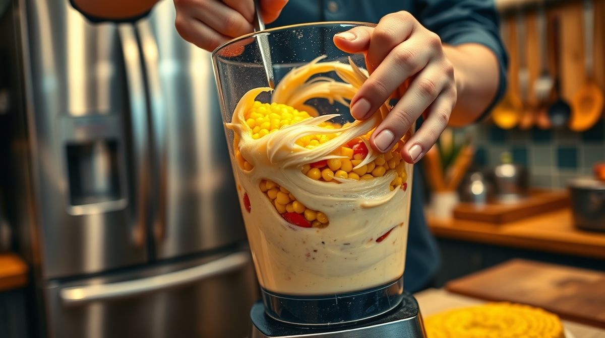 Mãos batendo a mistura do bolo de milho fit em um liquidificador.