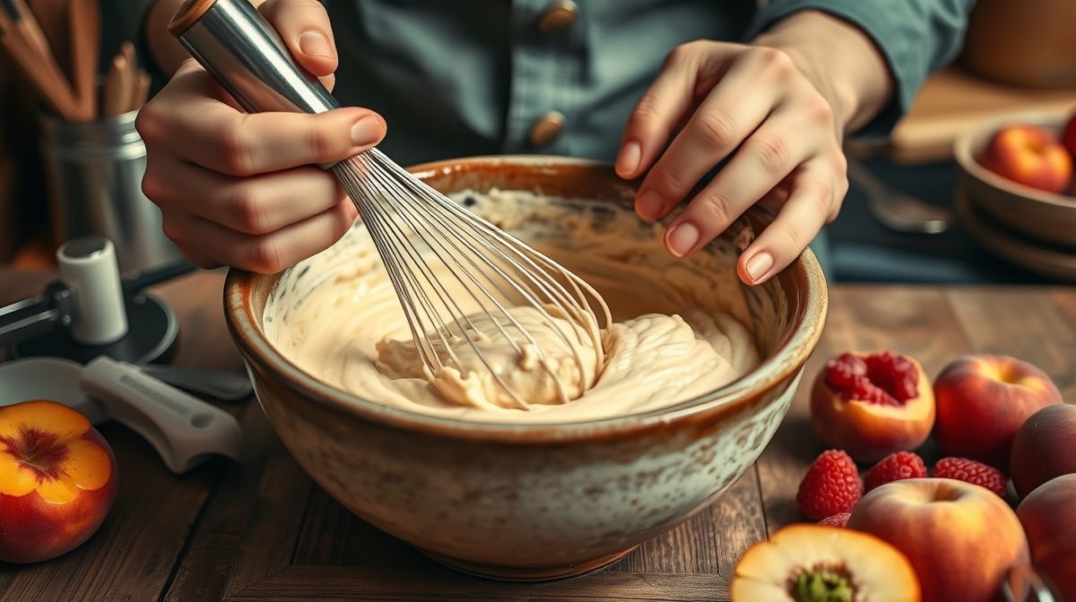 Mãos batendo a massa enquanto framboesas e pêssegos aguardam para ser adicionados