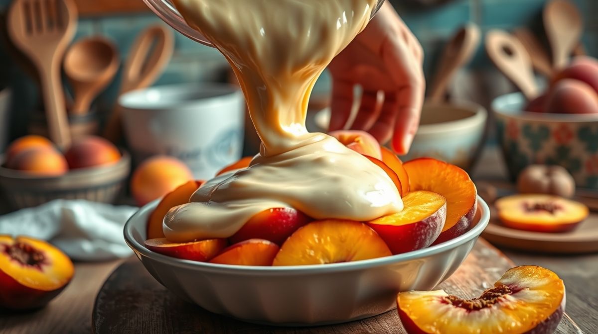 Mãos montando a forma com pêssegos fatiados e derramando a massa sobre as frutas