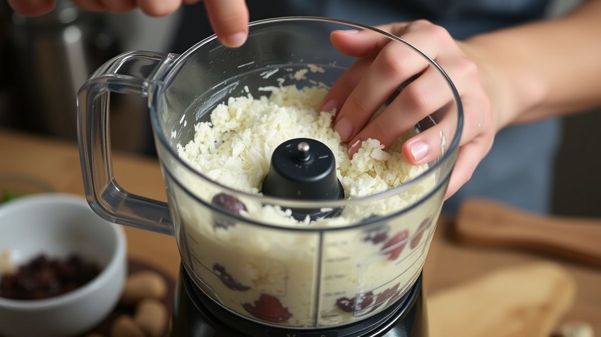 Mãos batendo os ingredientes do bombocado fit no liquidificador durante o preparo