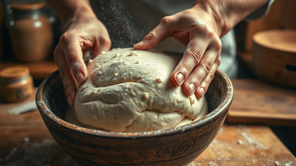 Mãos misturando a massa da broinha de trigo em tigela, durante o preparo