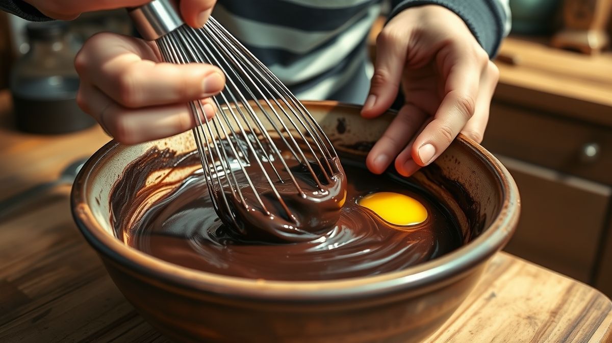 Mãos misturando massa de brownie com chocolate derretido e ovos em uma tigela