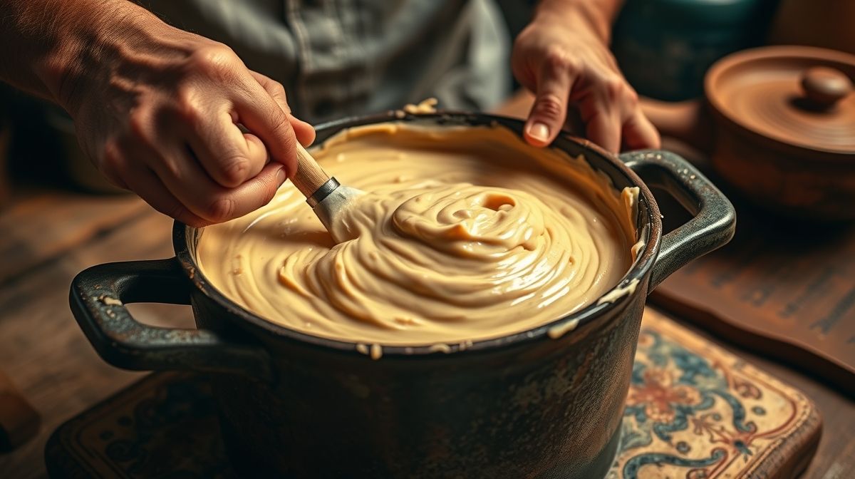 Mãos mexendo a panela com a mistura cremosa da canjica fit de paçoca durante o cozimento.