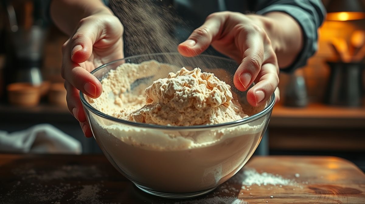 Mãos misturando ingredientes secos em uma tigela durante o preparo da base de cappuccino