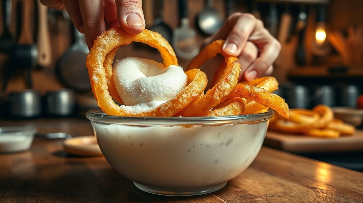 Mãos mergulhando anéis de cebola na massa de cerveja antes de fritar