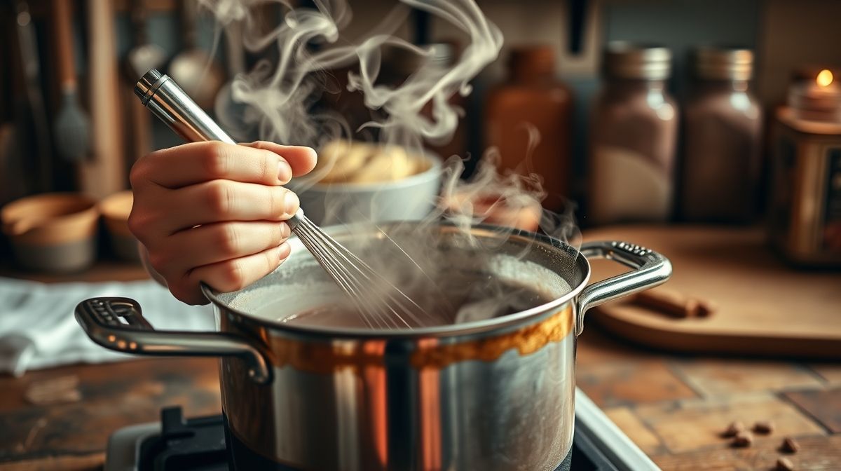 Mãos mexendo panela no fogão enquanto engrossa o chocolate quente fit