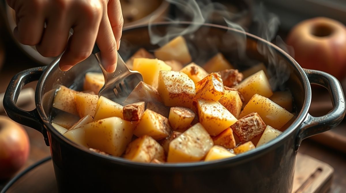 Mãos mexendo as maçãs em panela durante o cozimento da compota.