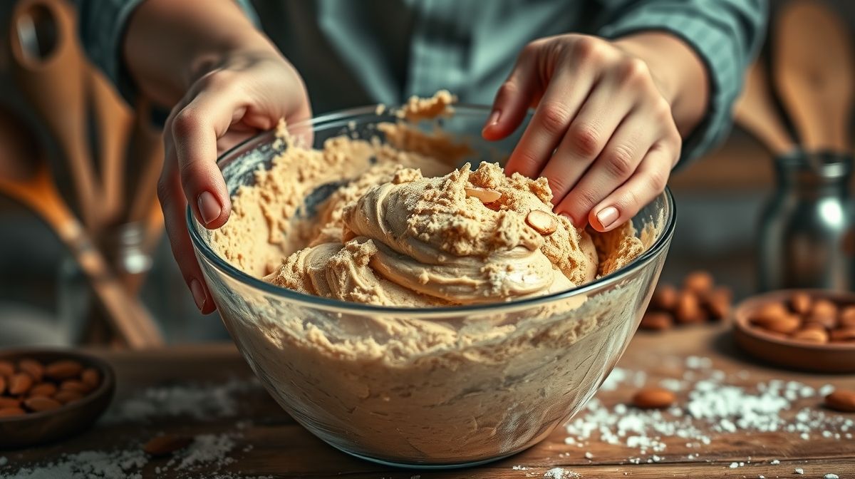 Mãos misturando a massa cremosa dos cookies fit em tigela
