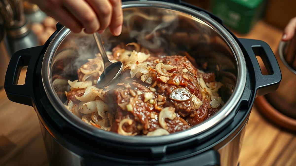 Mãos refogando cebola e alho na panela elétrica para início da receita.
