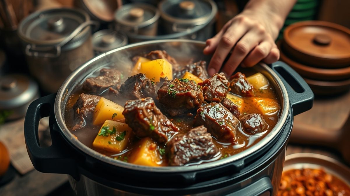 Mãos refogando a carne e temperos na panela de pressão, passo essencial do preparo.
