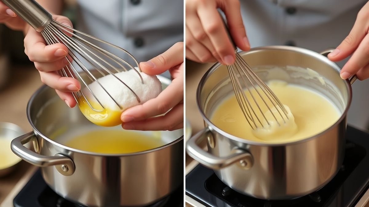 Mãos em ação misturando gemas, açúcar e leite quente durante o preparo do creme de confeiteiro
