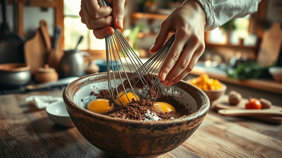 Mãos misturando a massa de ovo, tapioca e cacau em uma tigela durante o preparo