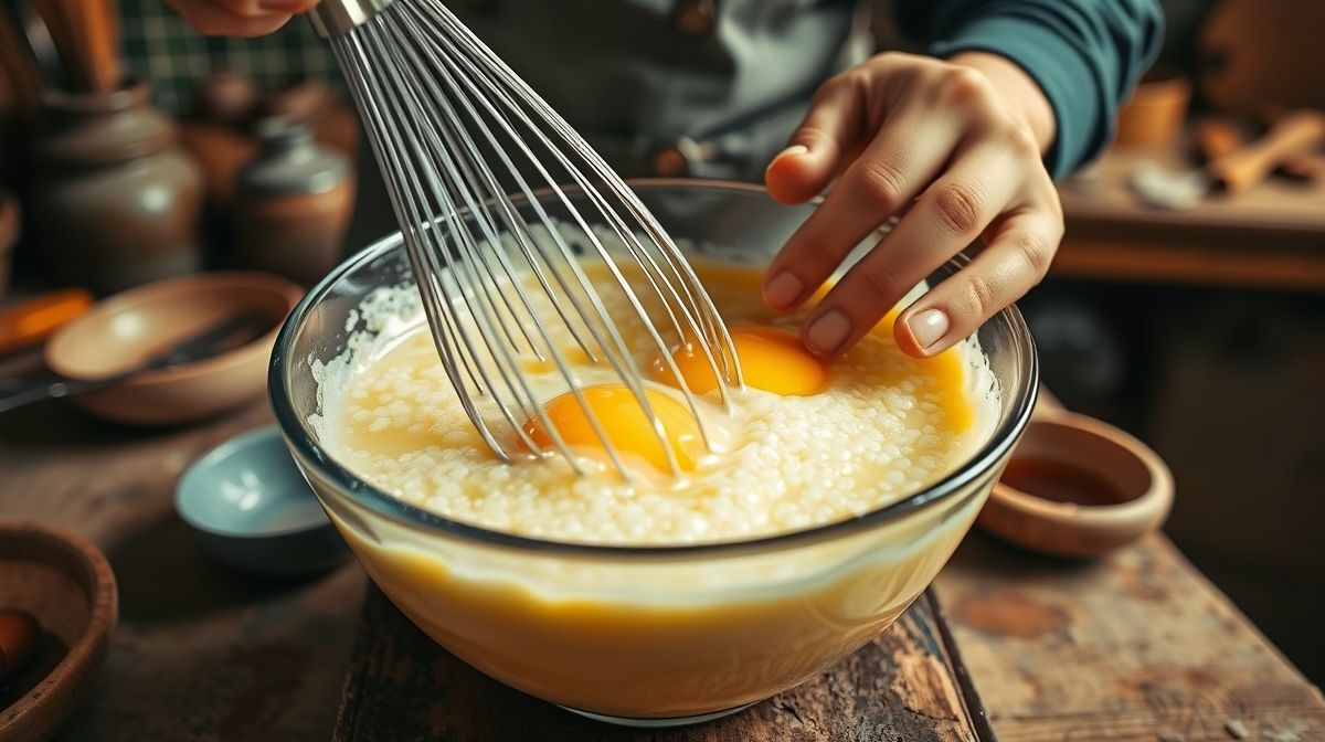 Mãos batendo ovo com tapioca em tigela de vidro durante preparo da massa