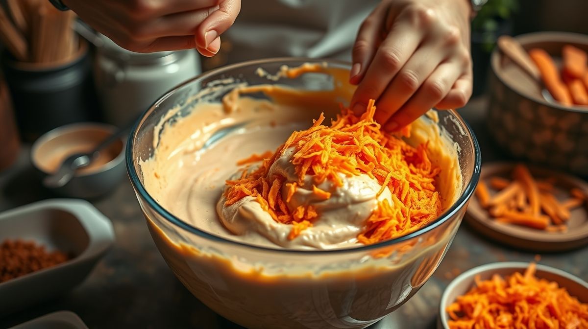 Mãos misturando a massa homogênea de cenoura e passas em uma tigela durante o preparo da receita