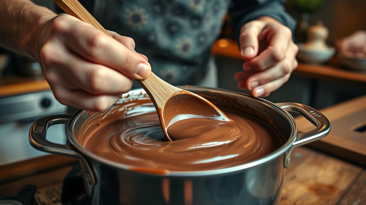 Mãos mexendo a mistura cremosa de banana e cacau em uma panela no fogo baixo.