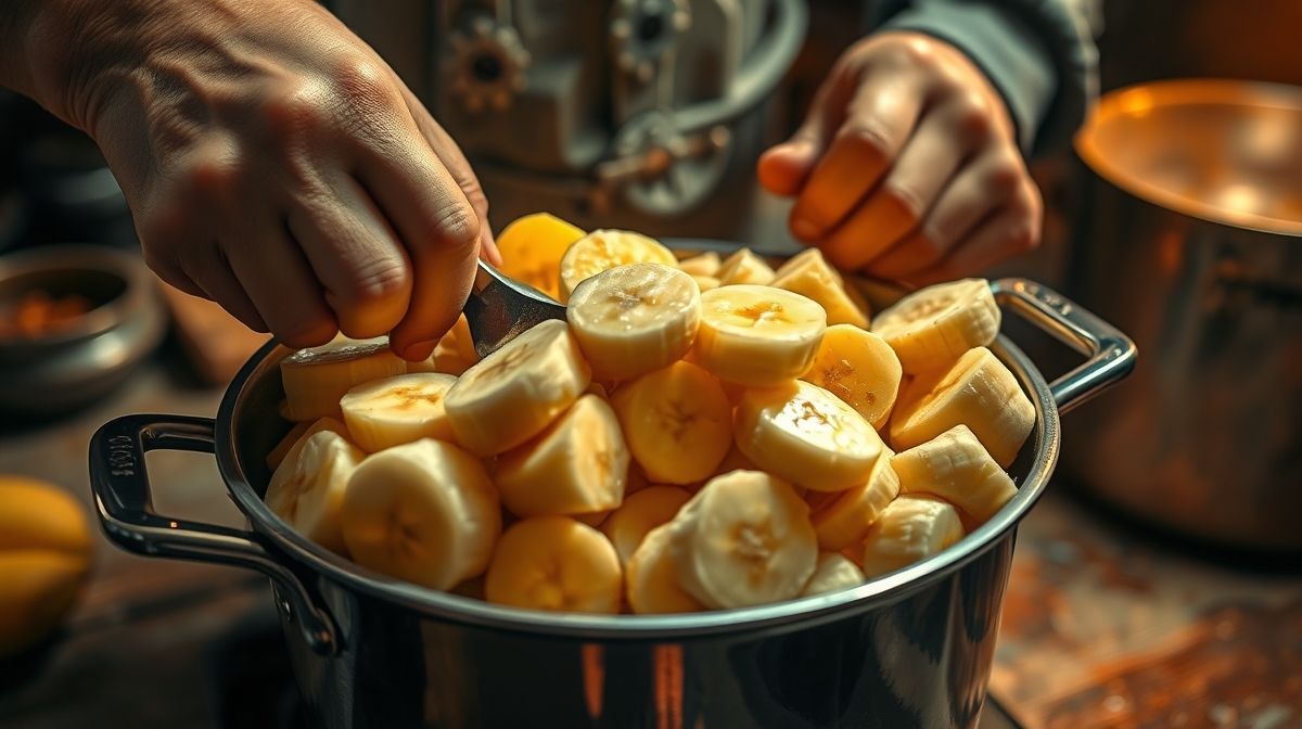 Mãos mexendo as bananas cortadas em panela durante o cozimento do doce