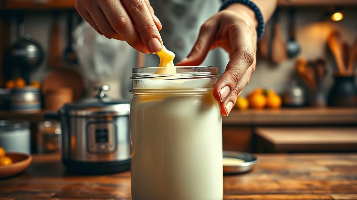 Mãos colocando o creme em um pote de vidro antes do cozimento na panela de pressão