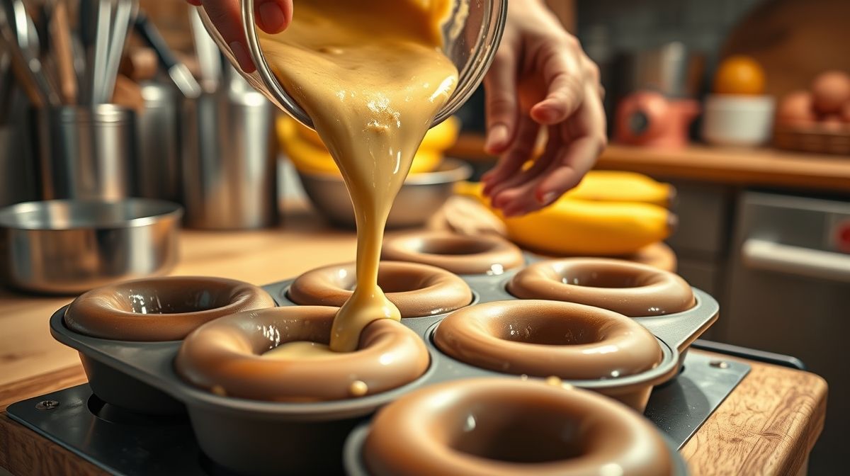 Mãos despejando a massa cremosa em formas de silicone de donuts.