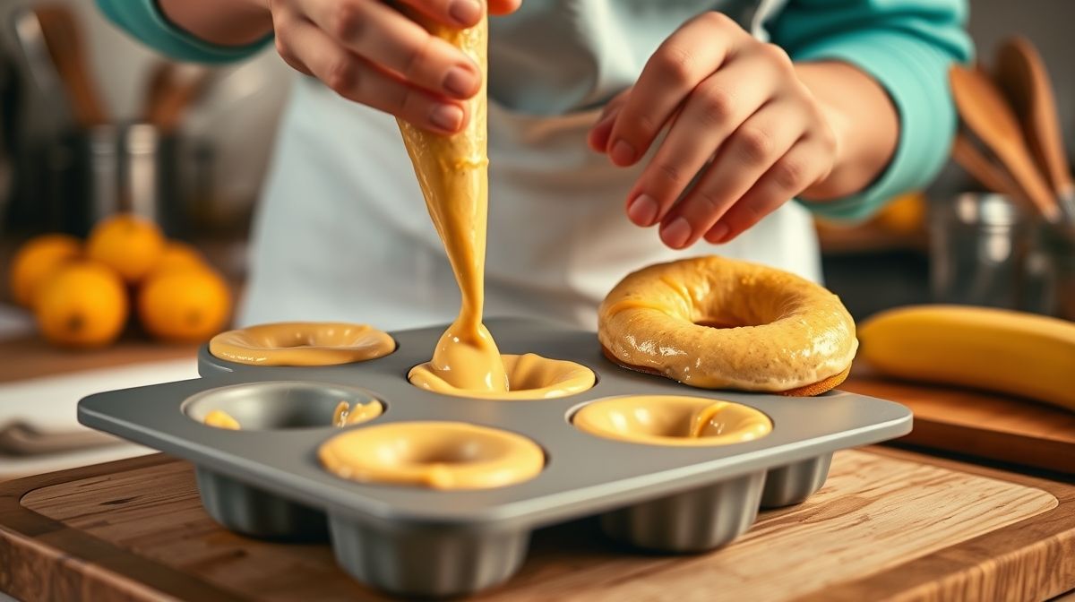 Mãos enchendo formas de silicone com a massa dos donuts antes de levar à Air Fryer