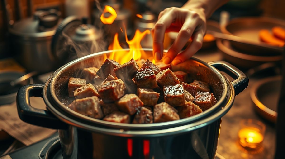 Cozinheiro dourando os cubos de carne em panela de pressão, etapa crucial do preparo.