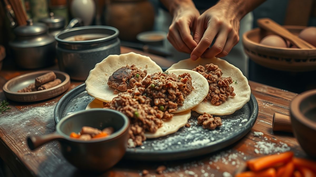 Mãos moldando discos de massa e adicionando o recheio de carne sobre eles.