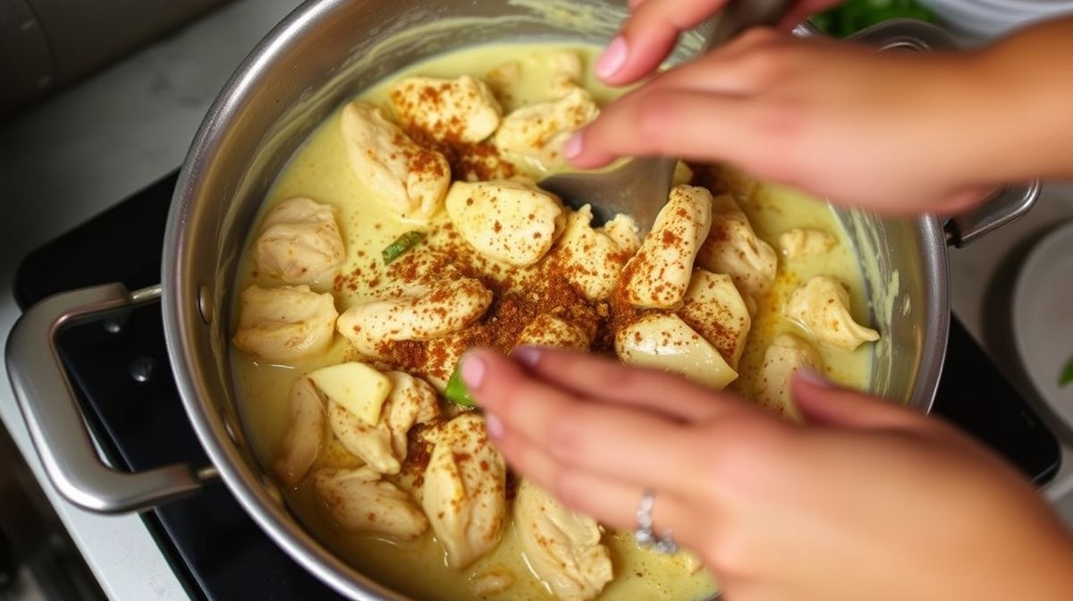 Mãos adicionando temperos na panela com frango no preparo da receita.