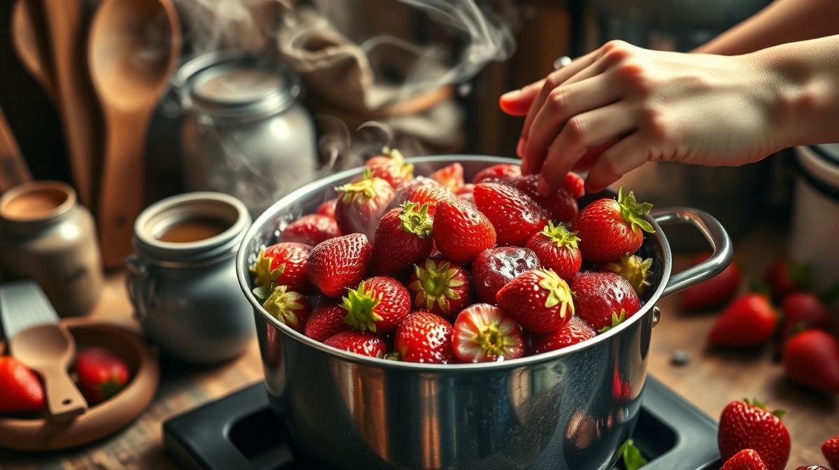 Mains remuant les fraises dans la casserole pendant la cuisson de la gelée