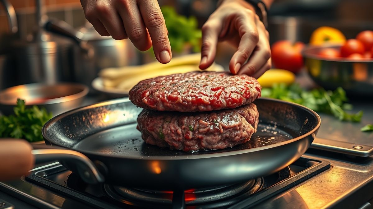 Mãos moldando o hambúrguer na frigideira quente durante o preparo