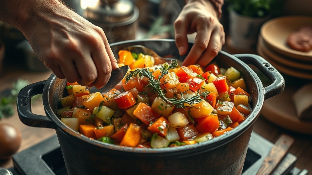 Mãos mexendo legumes em uma panela durante o cozimento com temperos