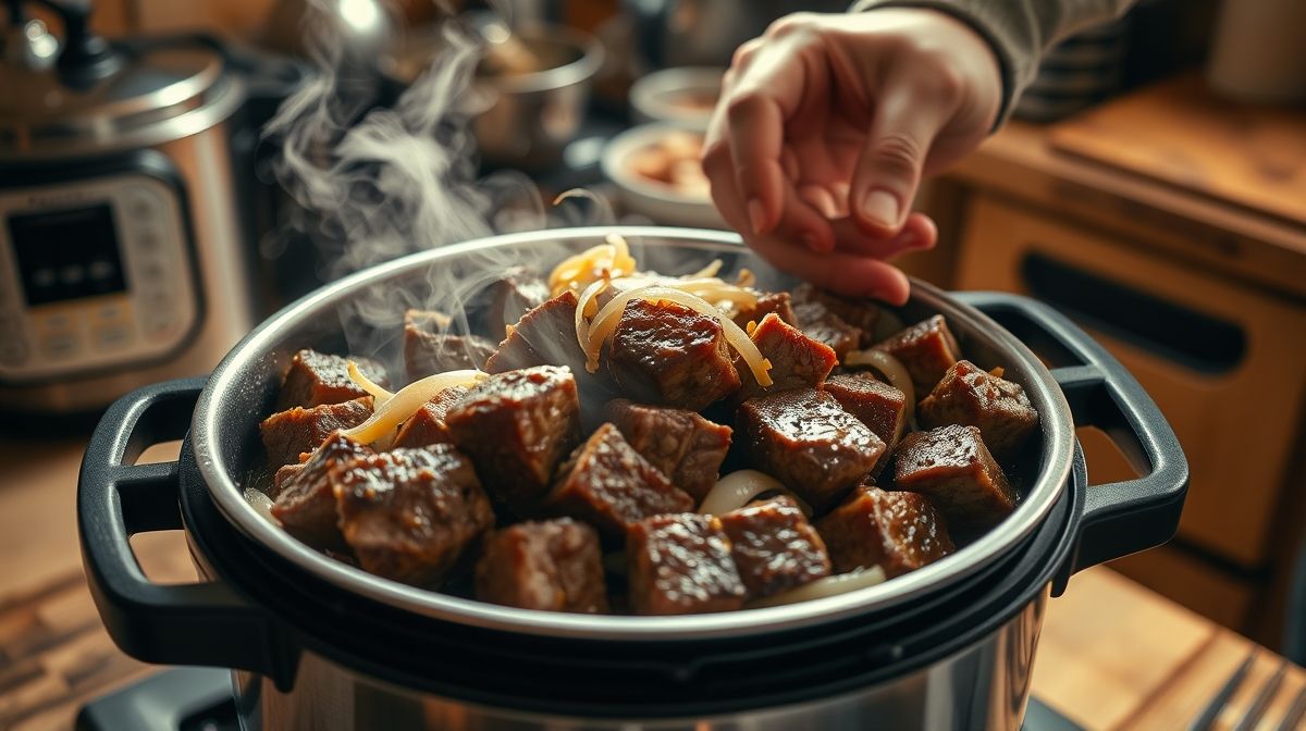 Mãos refogando a carne e temperos em panela de pressão durante o preparo