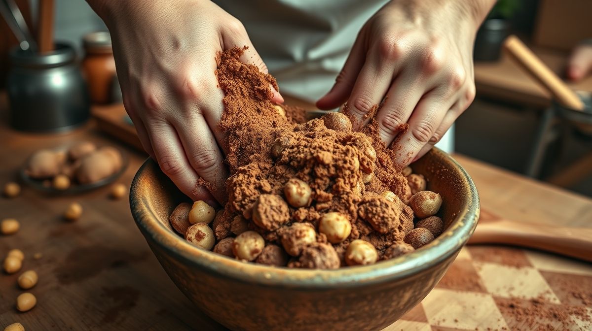 Mãos temperando os grãos de bico com cacau e adoçante em tigela durante o preparo