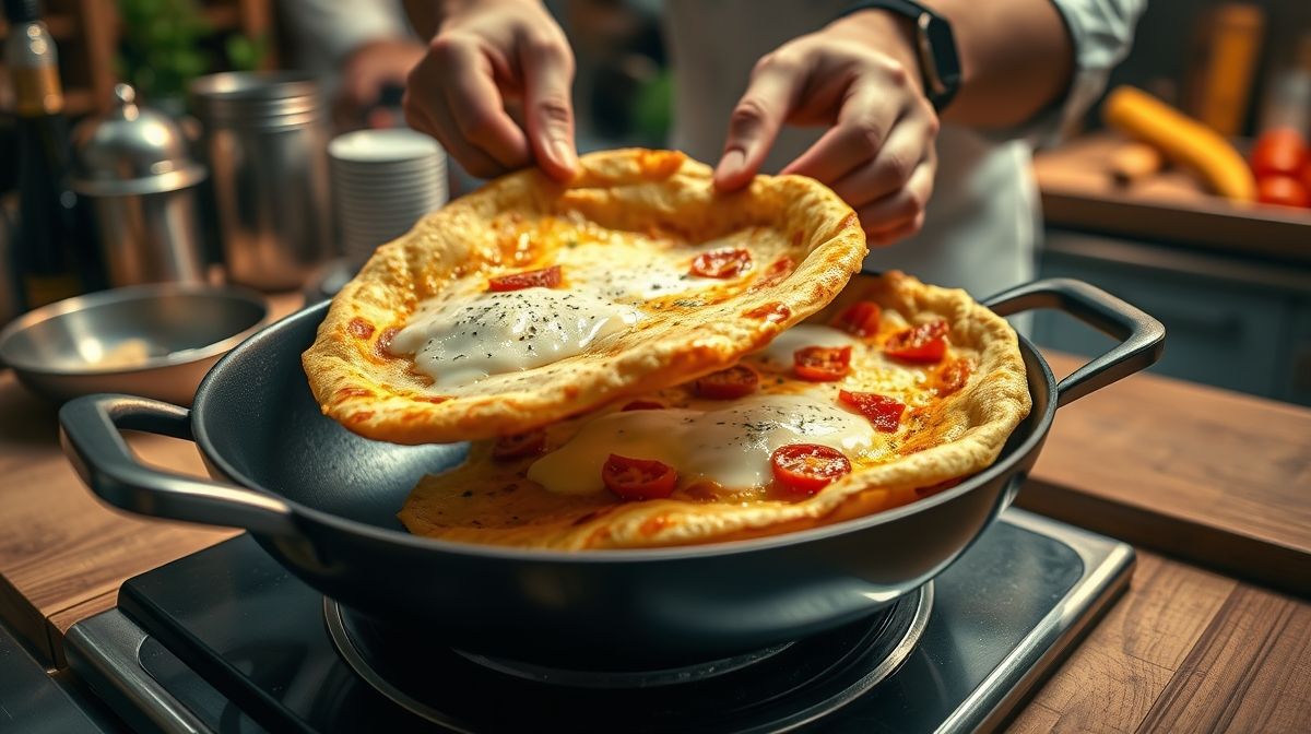 Mãos virando a omelete na frigideira para receber o recheio de queijo e tomate.