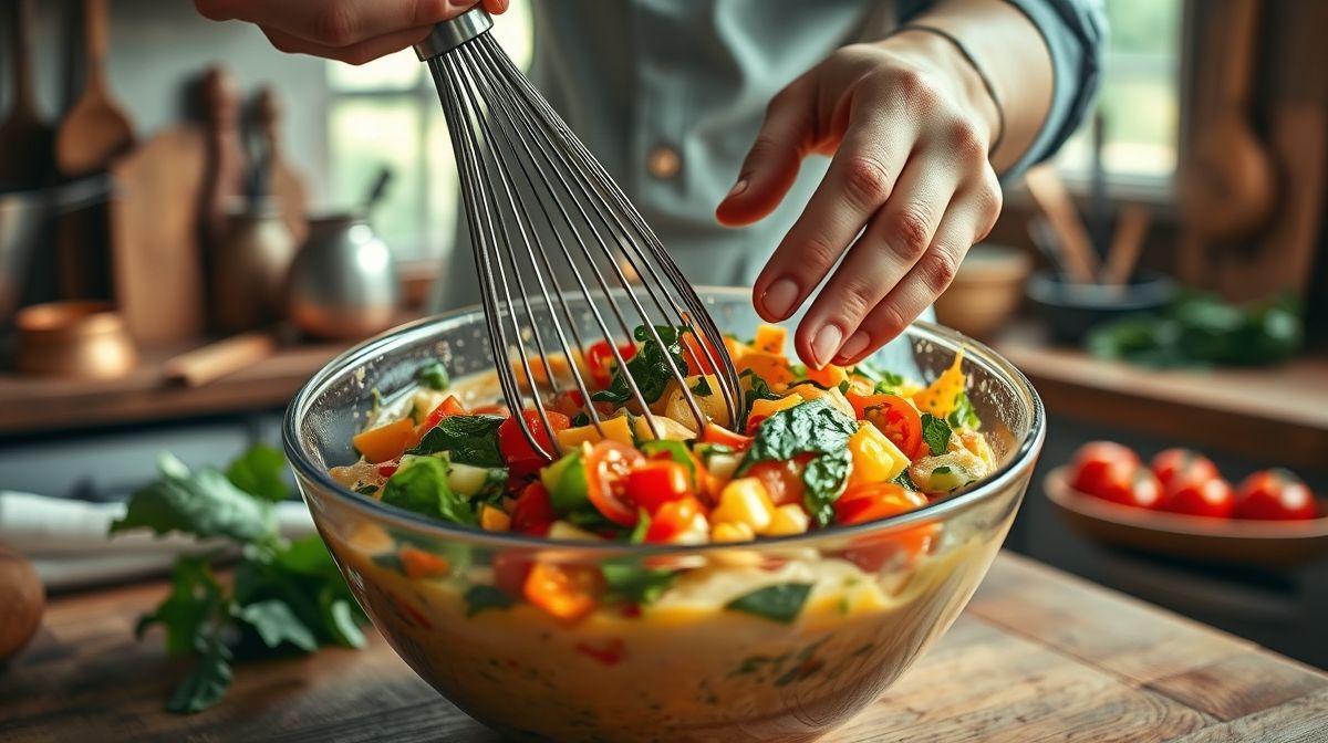 Mãos batendo ovos e misturando vegetais em uma tigela para preparar o omelete fit