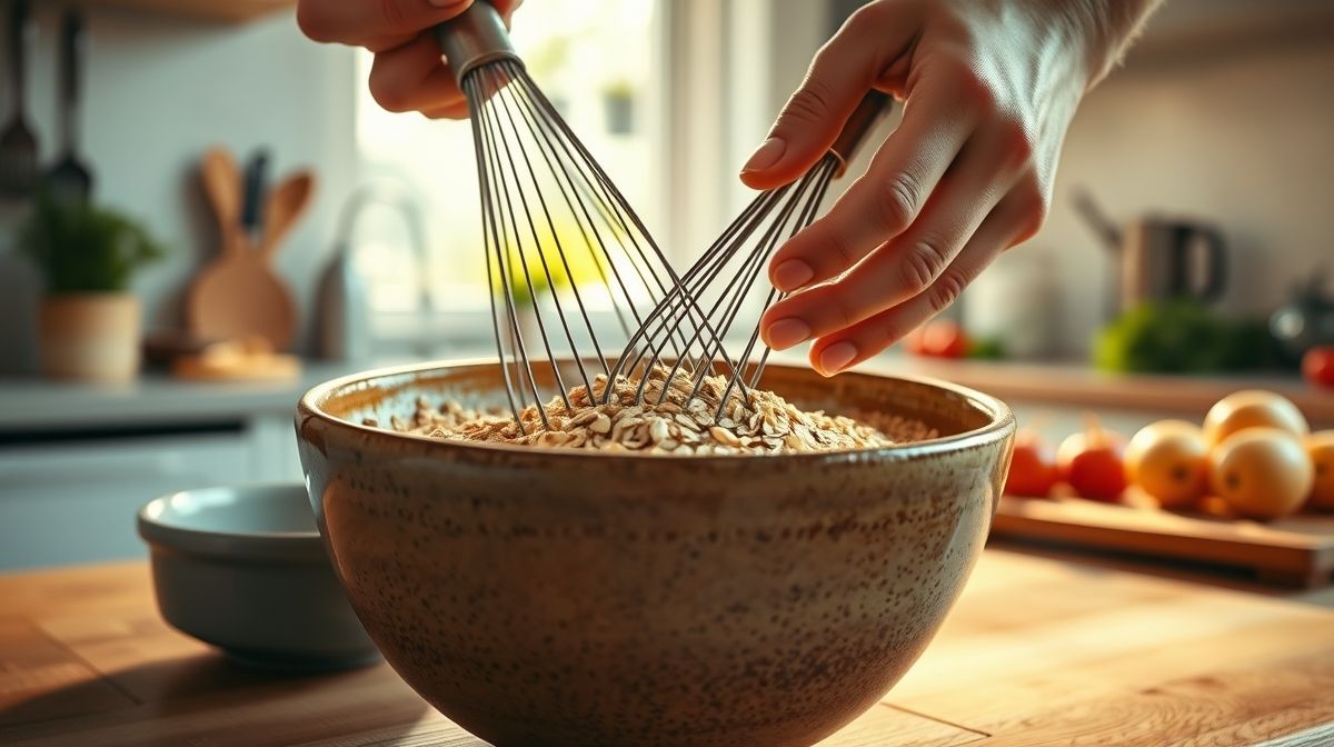 Mãos batendo ovos com aveia e sementes em uma tigela durante o preparo da omelete