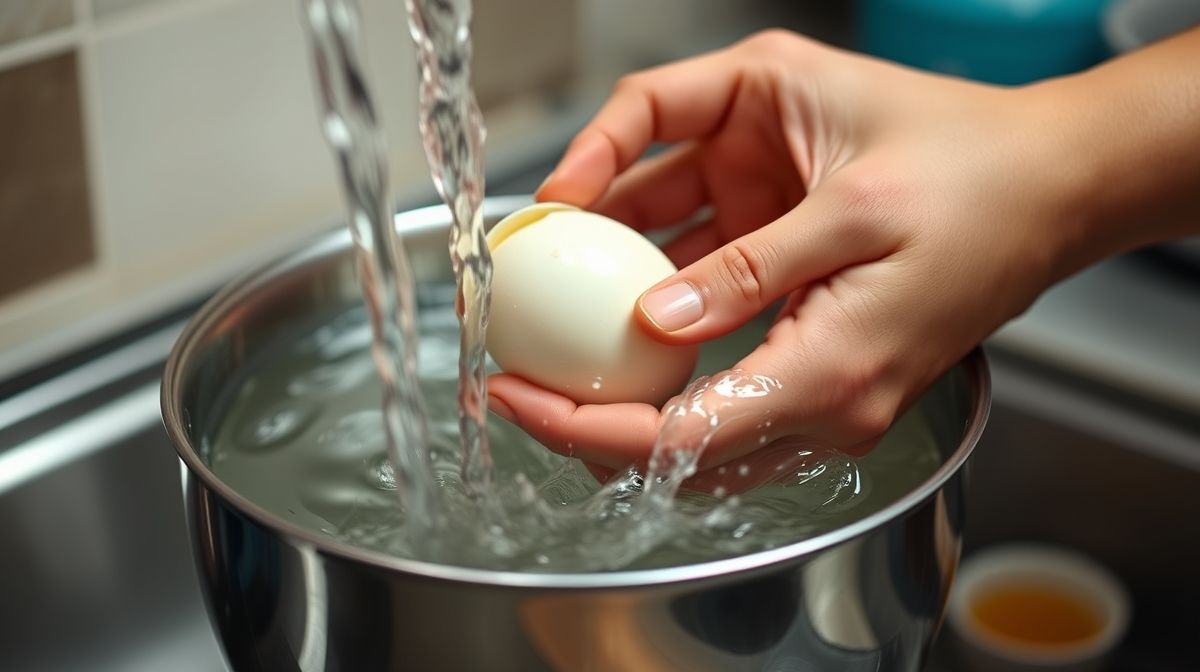 Mãos em ação descascando um ovo cozido sob um leve fio de água corrente, facilitando a remoção da casca.