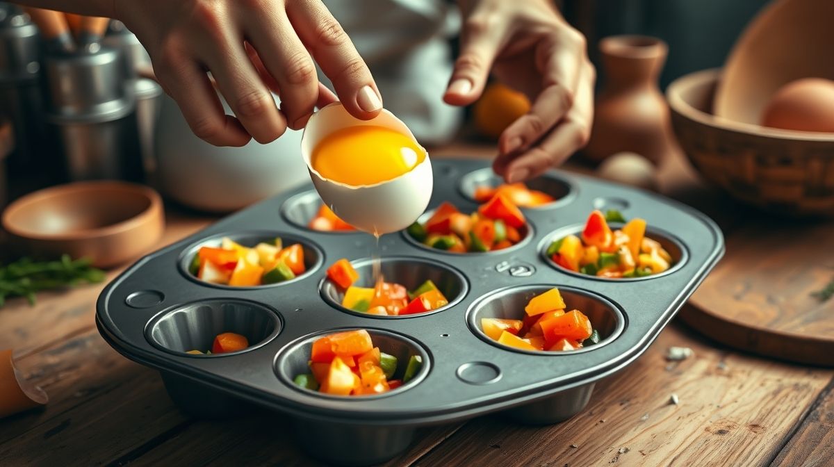 Mãos quebrando ovo em forminhas com base de legumes preparada.