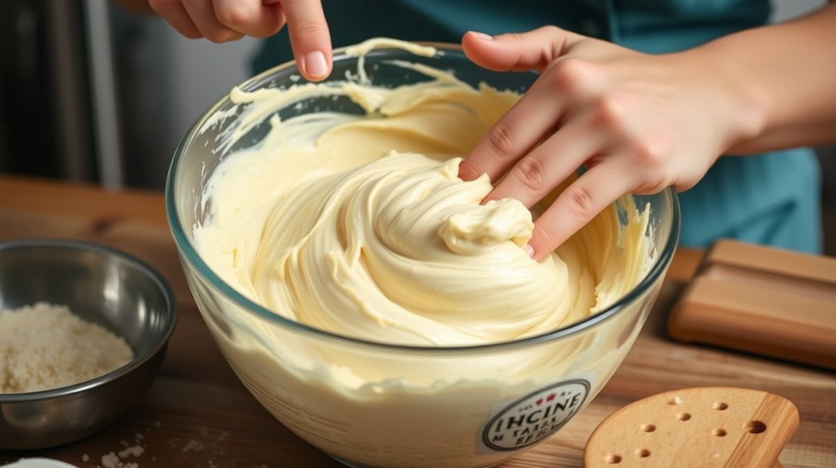 Mãos misturando a massa cremosa em uma tigela antes de levar ao forno
