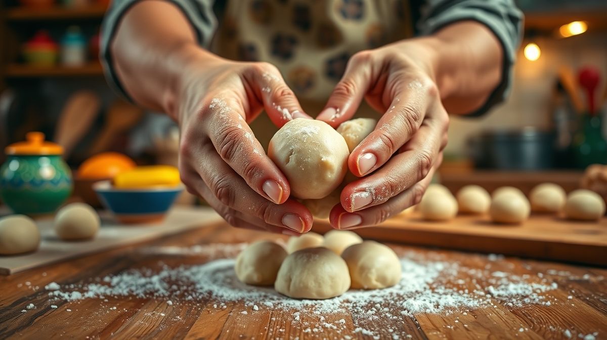 Mãos modelando as bolinhas de pão de queijo fit antes de assar