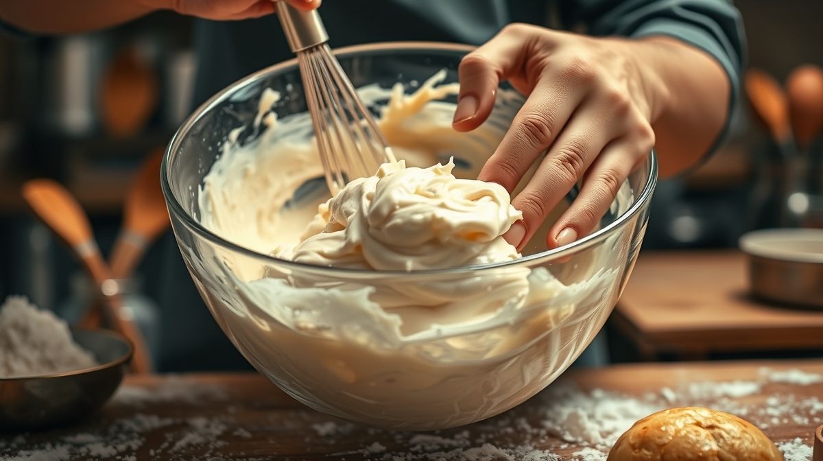 Mãos misturando os ingredientes do pãozinho fit em uma tigela de vidro