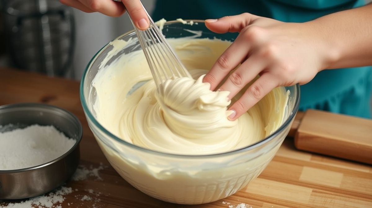 Mãos misturando os ingredientes do pãozinho em uma tigela