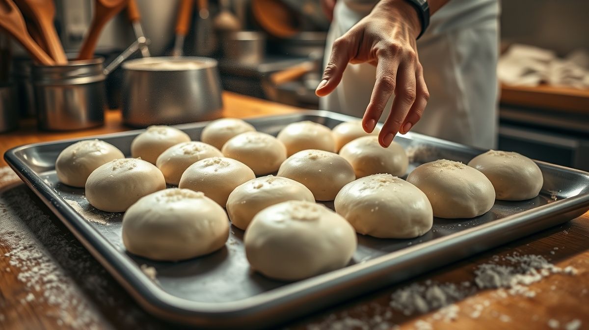 Mãos modelando bolinhas de massa de tapioca com queijo antes de assar.