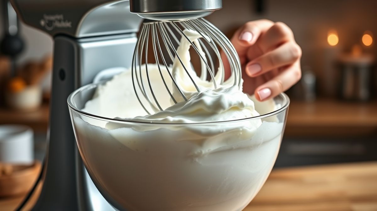 Mãos batendo claras em neve na batedeira para o preparo do merengue sem açúcar