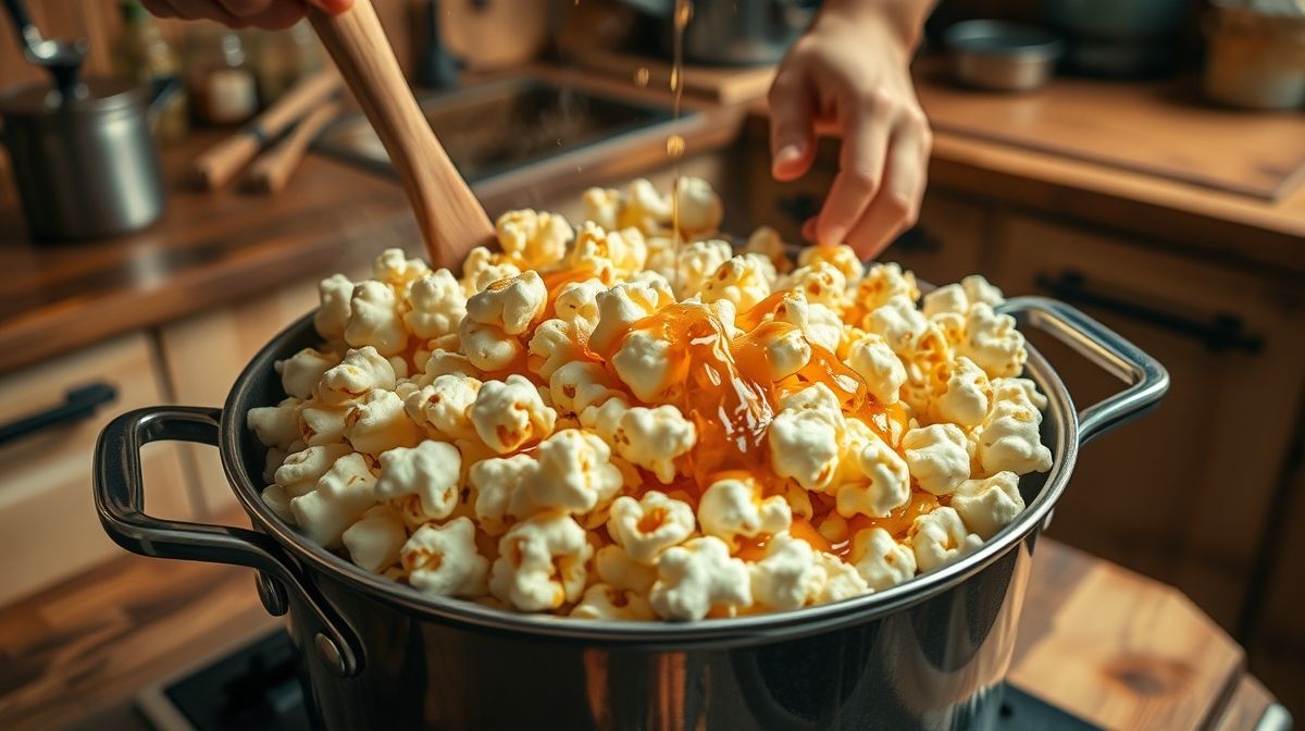 Mãos mexendo a calda com milho de pipoca na panela.